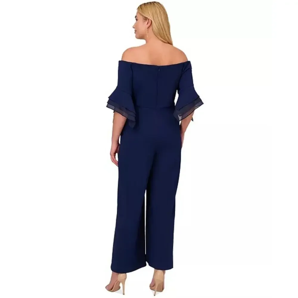 NWT! Adrianna Papell (18W) Navy Off-The-Shoulder Jumpsuit Organza Sleeve MOTB - Picture 2 of 10